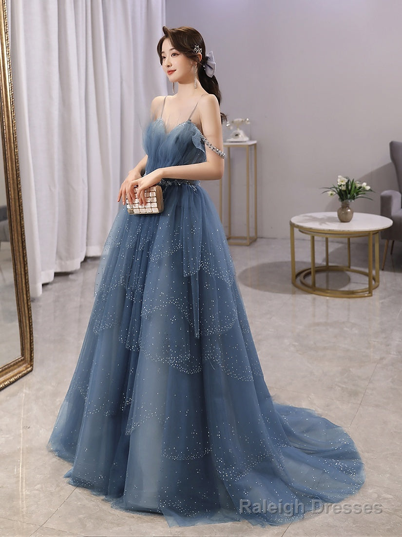 Blue Tulle Sweetheart Beaded Straps A-Line Junior Prom Dress, Blue Long Evening Dress