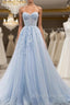 Blue Tulle Sweetheart Neck Appliques Prom Dress