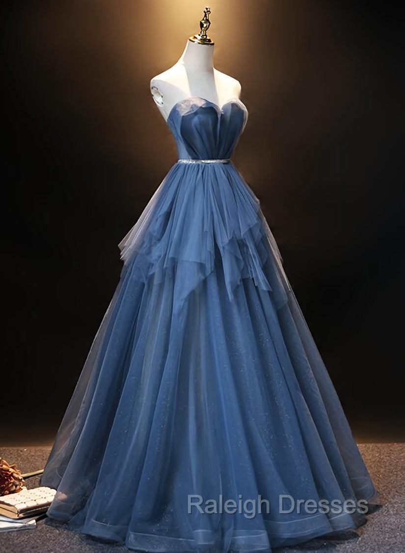 Blue Tulle Sweetheart Simple Pretty Floor Length Prom Dress, Blue A Line Prom Dress