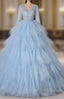 Blue Tulle Tulle Short Sleeve Appliques Quinceanera Dress
