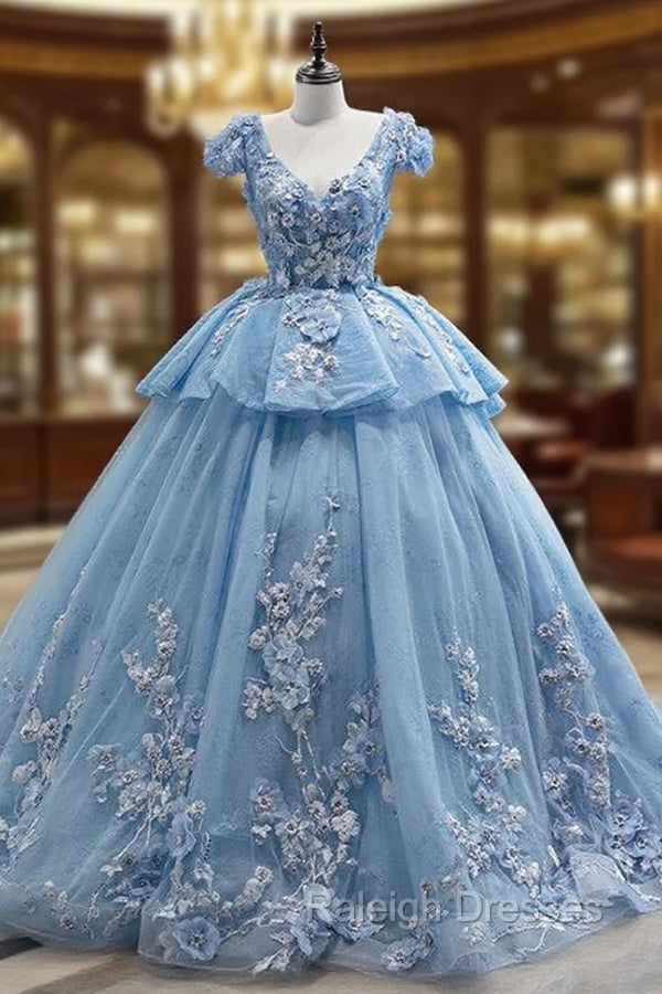Blue Tulle V-neck Appliques Cap Sleeve Prom Dress