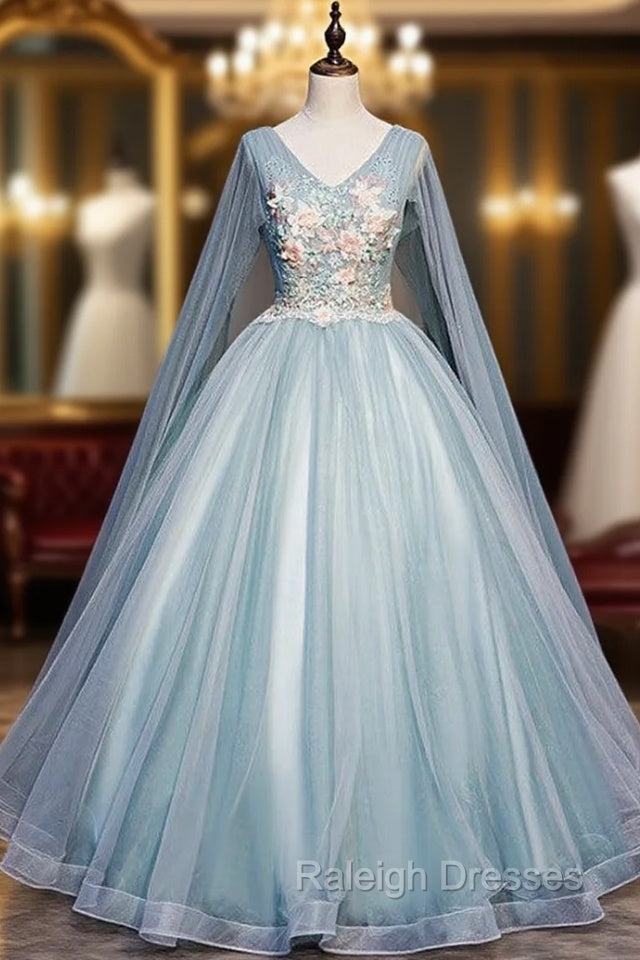 Blue Tulle V-neck Appliques Pleats Quinceanera Dress