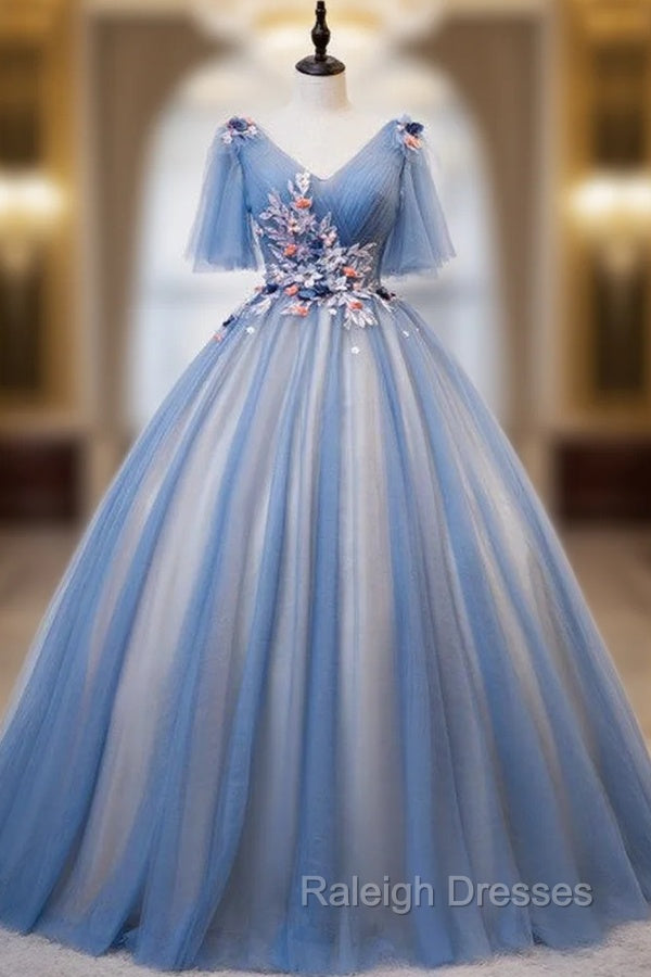 Blue Tulle V-neck Appliques Pleats Short Sleeve Quinceanera Dress Main image