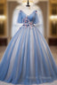 Blue Tulle V-neck Appliques Pleats Short Sleeve Quinceanera Dress