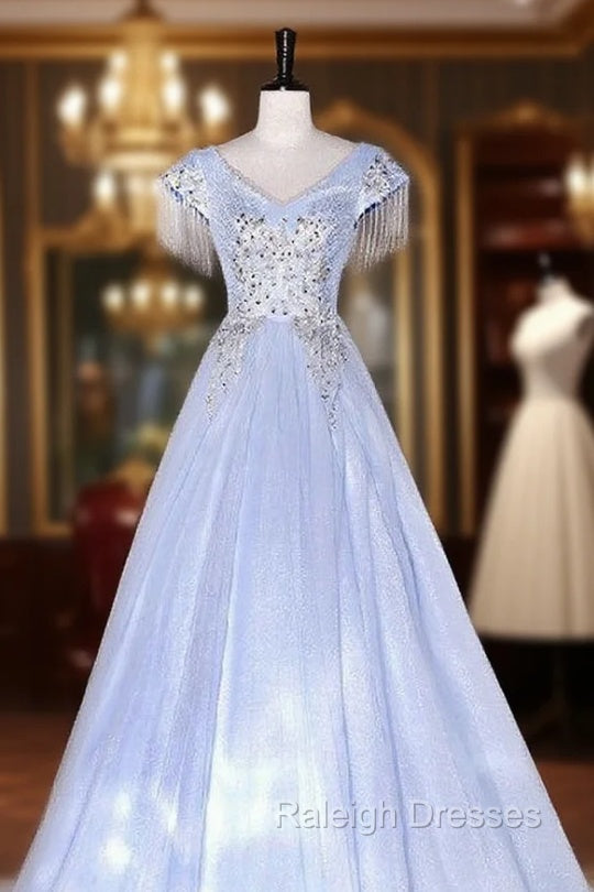 Blue Tulle V Neck Appliques Quinceanera Dress
