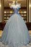 Blue Tulle V Neck Appliques Quinceanera Dresses