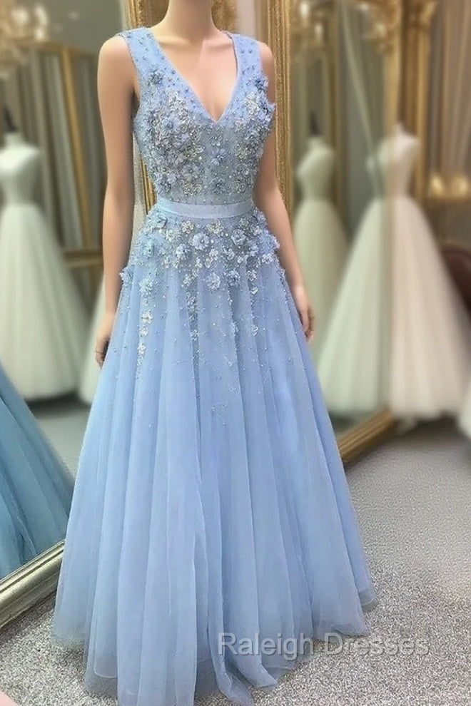 Blue Tulle V-neck Flower Beading Prom Dress Main image