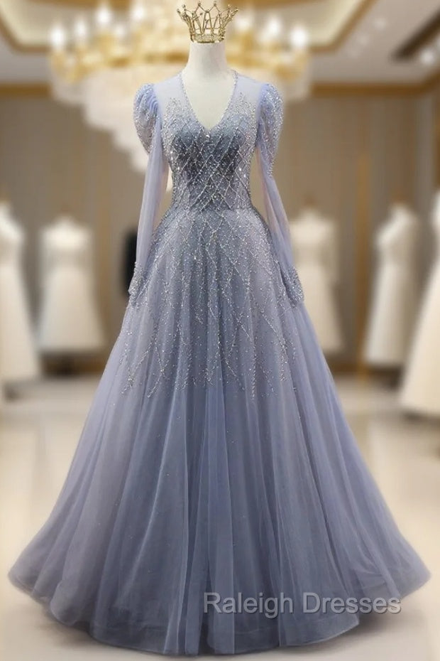 Blue Tulle V-neck Long Sleeve Beading Prom Dress Main image