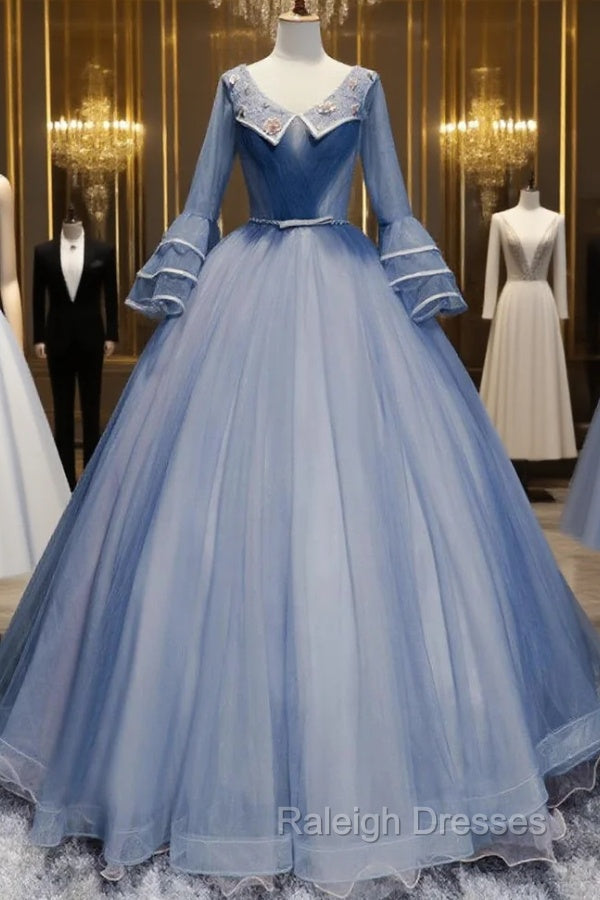 Blue Tulle V Neck Long Sleeve Pleats Quinceanera Dress