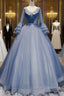 Blue Tulle V Neck Long Sleeve Pleats Quinceanera Dress