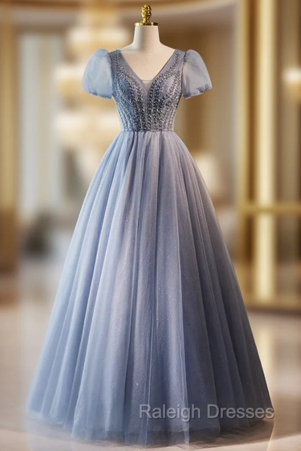 Blue Tulle V-neck Puff Sleeve Beading Prom Dress Main image