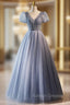 Blue Tulle V-neck Puff Sleeve Beading Prom Dress