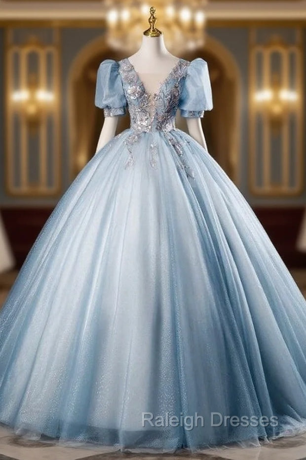 Blue Tulle V-neck Puff Sleeve Quinceanera Dress Main image