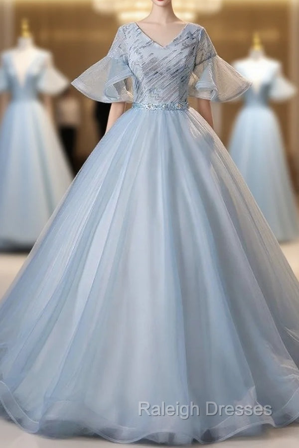 Blue Tulle V-neck Short Sleeve Quinceanera Dress Main image