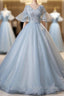 Blue Tulle V-neck Short Sleeve Quinceanera Dress