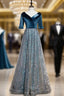 Blue Tulle V Neck Short Sleeve Sequins Prom Dress