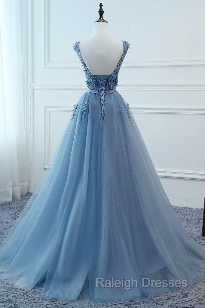 Blue Tulle V Neckline Long Prom Dresses Tulle Prom Dresses