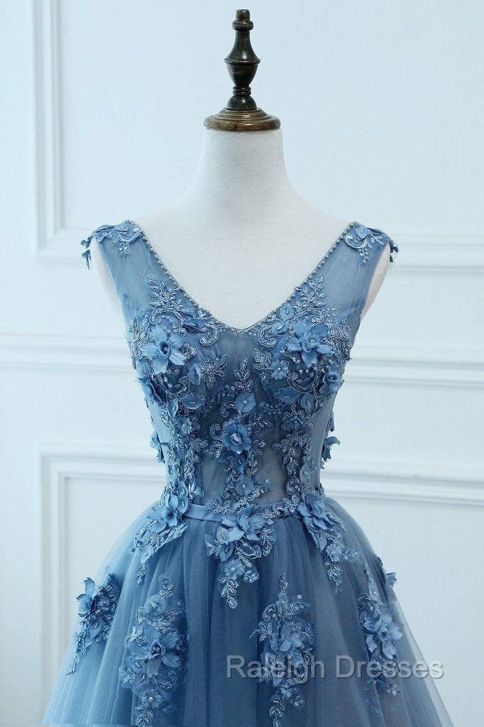 Blue Tulle V Neckline Long Prom Dresses Tulle Prom Dresses
