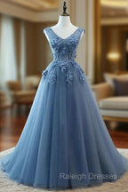 Blue Tulle V Neckline Long Prom Dresses Tulle Prom Dresses
