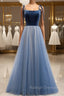 Blue Tulle Velvet Spaghetti Straps Open Back Prom Dress