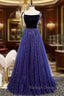 Blue Tulle Velvet Star Sequins Spaghetti Straps Prom Dress