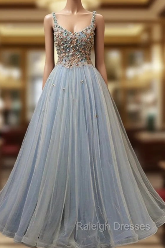 Blue Tulle with Flowers Straps Long Evening Dress, Blue Prom Party Dresses Secondary image