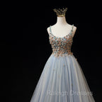 Blue Tulle with Flowers Straps Long Prom Dress, Blue Prom Prom Dresses