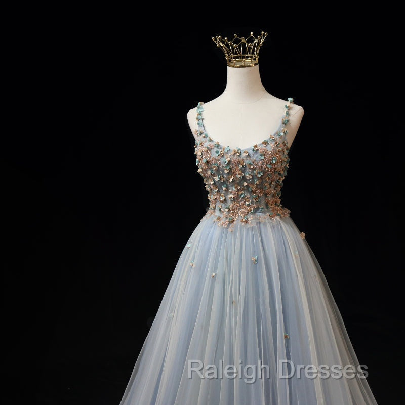 Blue Tulle with Flowers Straps Long Prom Dress, Blue Prom Prom Dresses