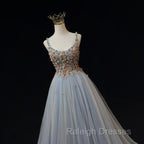 Blue Tulle with Flowers Straps Long Prom Dress, Blue Prom Prom Dresses
