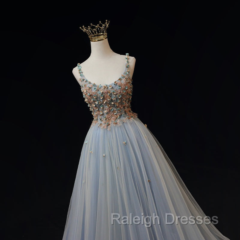 Blue Tulle with Flowers Straps Long Prom Dress, Blue Prom Prom Dresses