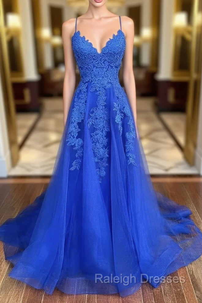 Blue Tulle with Lace A Line Floor Length Prom Dress Blue Junior Prom Dress shops Main image