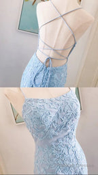 Blue Tulle With Lace Straps Long Evening Dress, Blue Prom Dress
