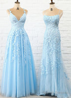 Blue Tulle With Lace Straps Long Prom Dresses Blue Prom Dresses