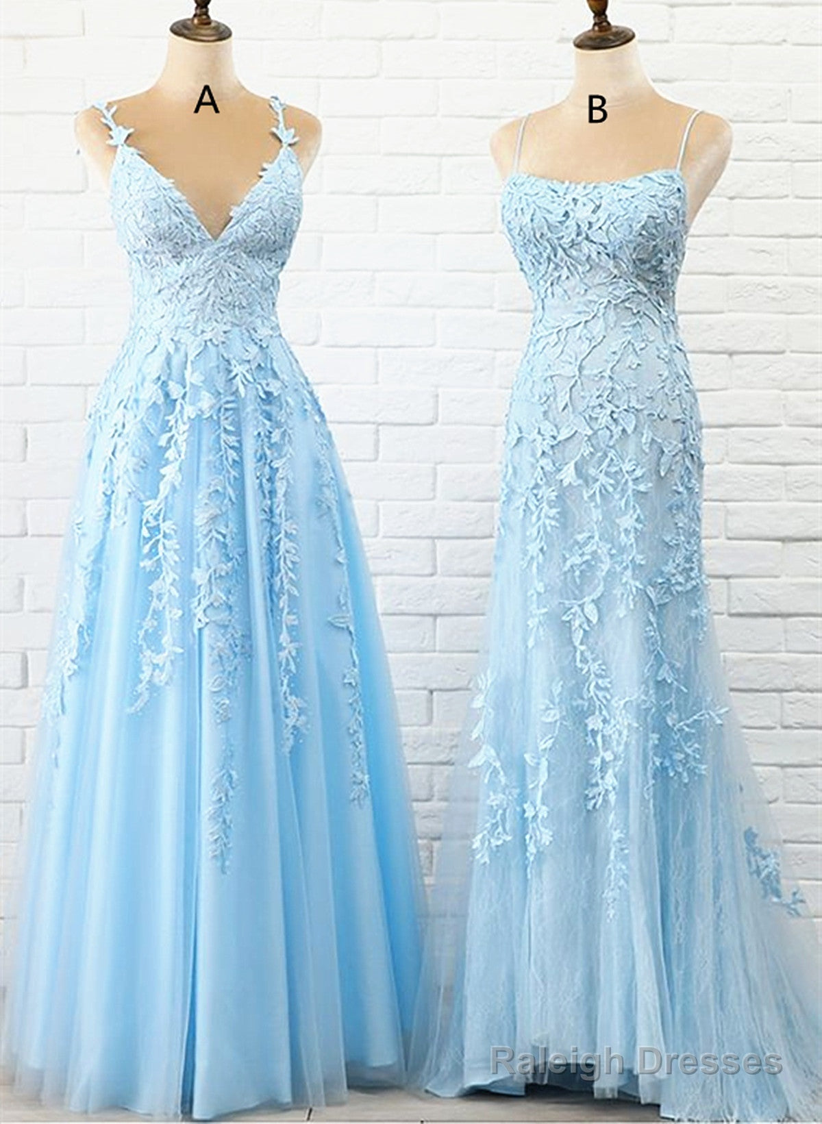 Blue Tulle With Lace Straps Long Prom Dresses Blue Prom Dresses