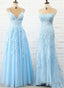 Blue Tulle With Lace Straps Long Prom Dresses Blue Prom Dresses