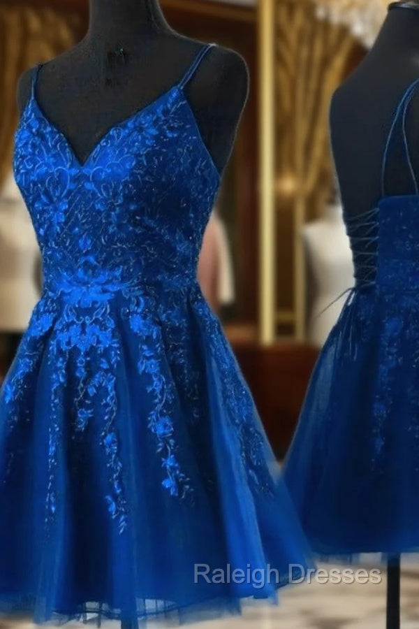 Blue Tulle with Lace Straps Short Homecoming Dress, V-neckline Blue Prom Dresses
