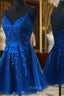 Blue Tulle with Lace Straps Short Homecoming Dress, V-neckline Blue Prom Dresses