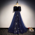 Blue Tulle With Velvet Long Prom Dresses A-Line Off Shoulder Prom Dresses Prom Dresses