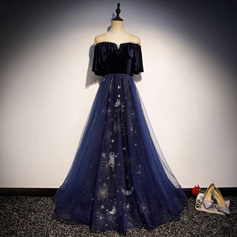 Blue Tulle With Velvet Long Prom Dresses A-Line Off Shoulder Prom Dresses Prom Dresses