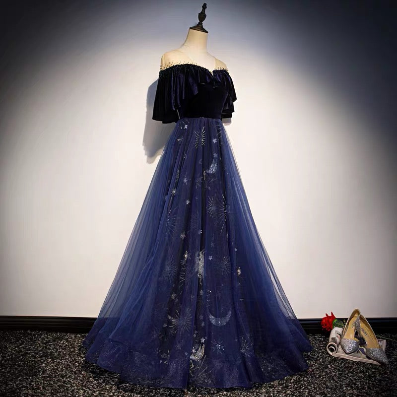 Blue Tulle With Velvet Long Prom Dresses A-Line Off Shoulder Prom Dresses Prom Dresses