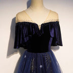 Blue Tulle With Velvet Long Prom Dresses A-Line Off Shoulder Prom Dresses Prom Dresses