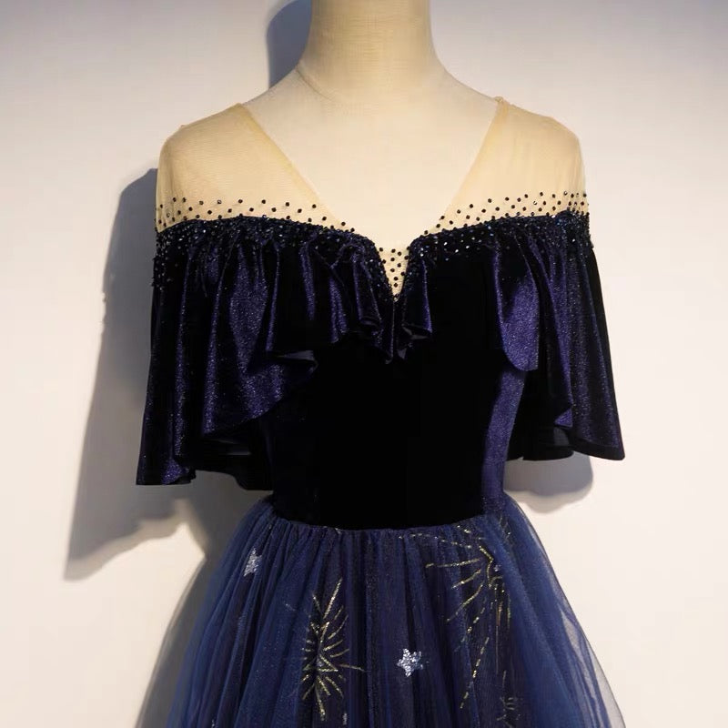 Blue Tulle With Velvet Long Prom Dresses A-Line Off Shoulder Prom Dresses Prom Dresses