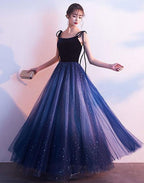 Blue Tulle With Velvet Straps Long Prom Dresses Gorgeous Prom Gowns