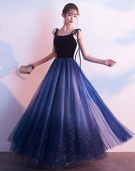 Blue Tulle With Velvet Straps Long Prom Dresses Gorgeous Prom Gowns