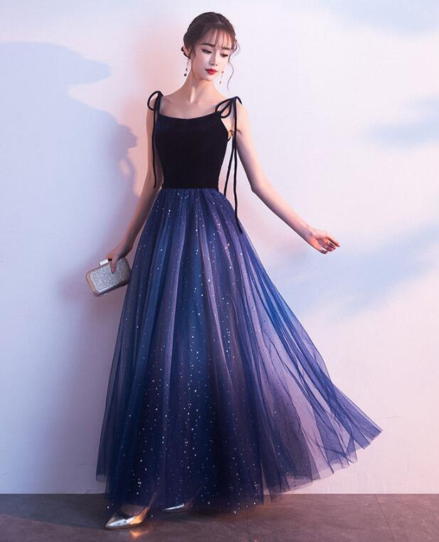 Blue Tulle With Velvet Straps Long Prom Dresses Gorgeous Prom Gowns