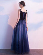 Blue Tulle With Velvet Straps Long Prom Dresses Gorgeous Prom Gowns