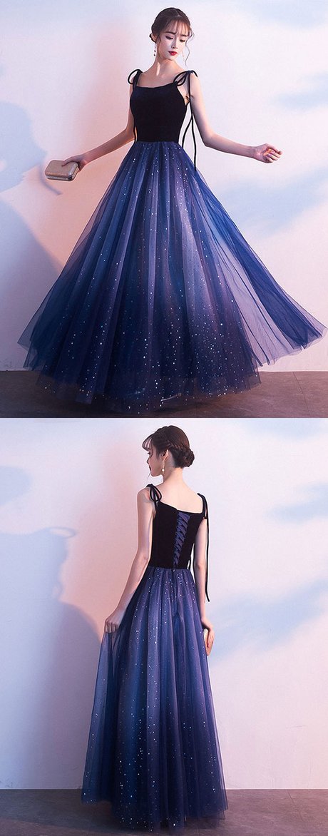 Blue Tulle With Velvet Straps Long Prom Dresses Gorgeous Prom Gowns
