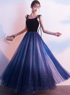 Blue Tulle With Velvet Straps Long Prom Dresses Gorgeous Prom Gowns