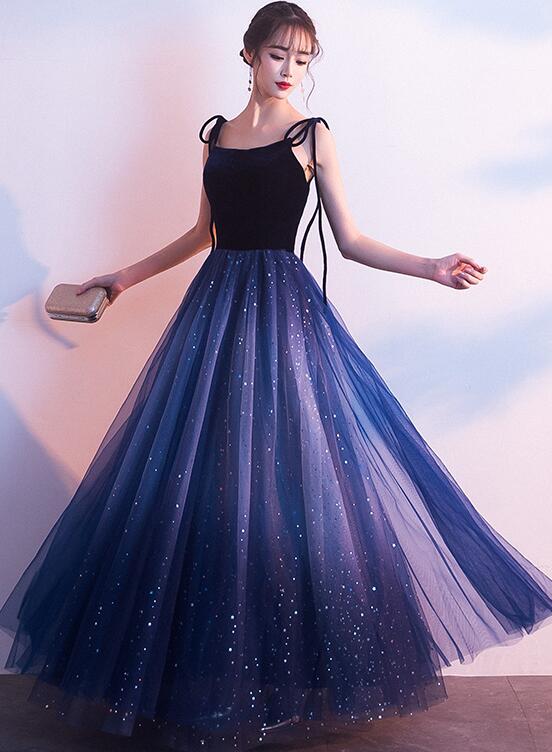 Blue Tulle With Velvet Straps Long Prom Dresses Gorgeous Prom Gowns