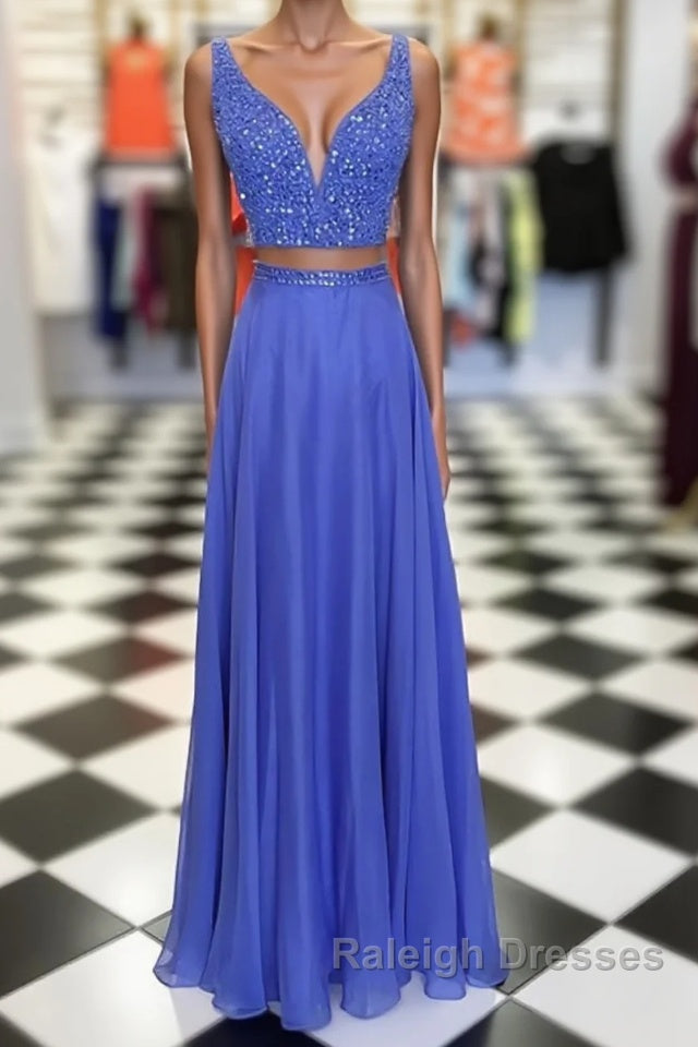 Blue two pieces beads long prom dress, blue evening dress